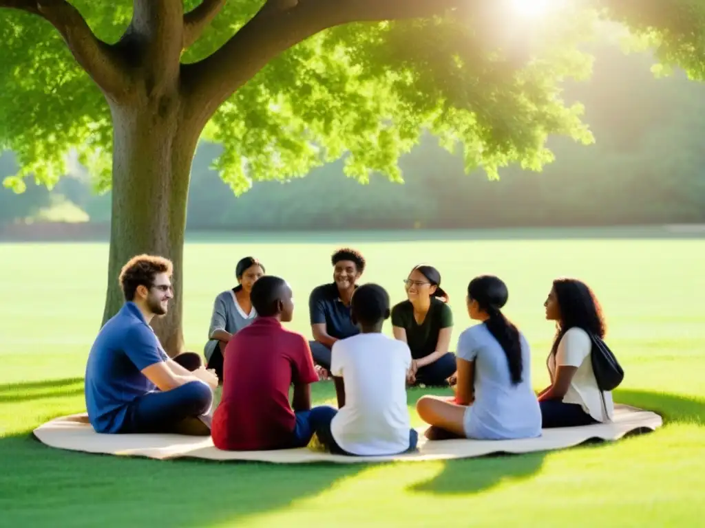 Un círculo de estudiantes diversos en un campo verde, disfrutando de una animada discusión bajo la luz del sol