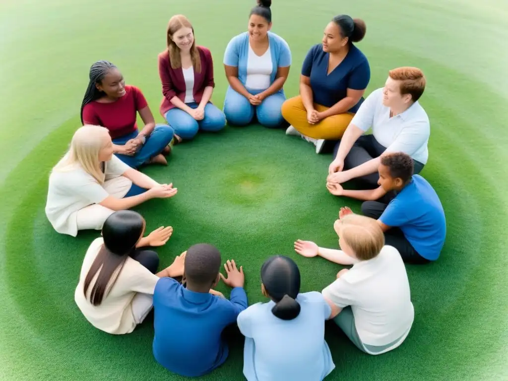 Un círculo de estudiantes diversos en un campo, expresando cooperación y empatía