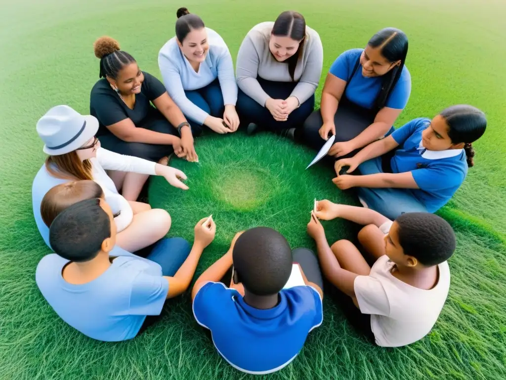 Un círculo de estudiantes diversos en un campo, simbolizando la educación especial en Uruguay con apoyo de organismos internacionales