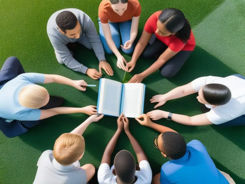 Un círculo de estudiantes diversos en un campo verde, sosteniendo materiales inclusivos educación especial Uruguay