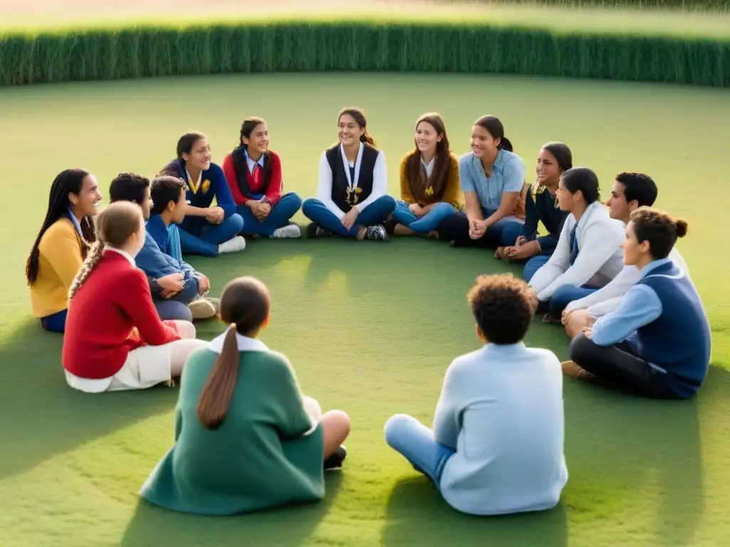 Un círculo de estudiantes diversos de Uruguay dialogando en un campo escolar, fomentando el diálogo intercultural en escuelas