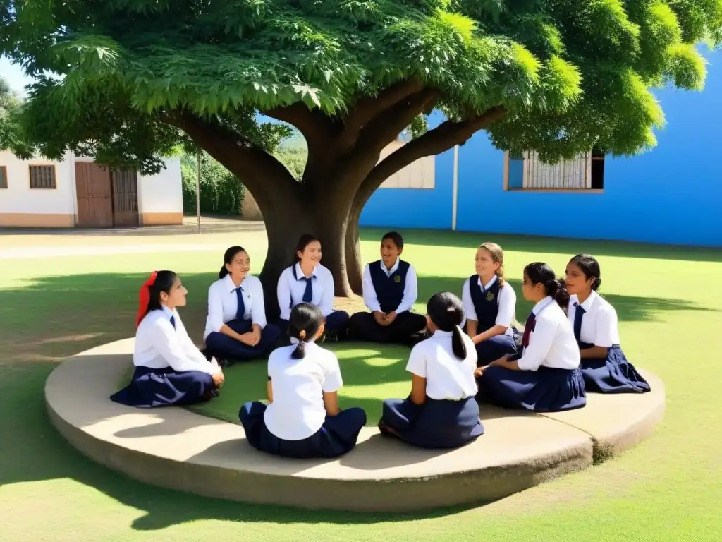 Un círculo de estudiantes diversos en un intercambio de idiomas bajo un árbol, representando los beneficios del bilingüismo en educación en Uruguay