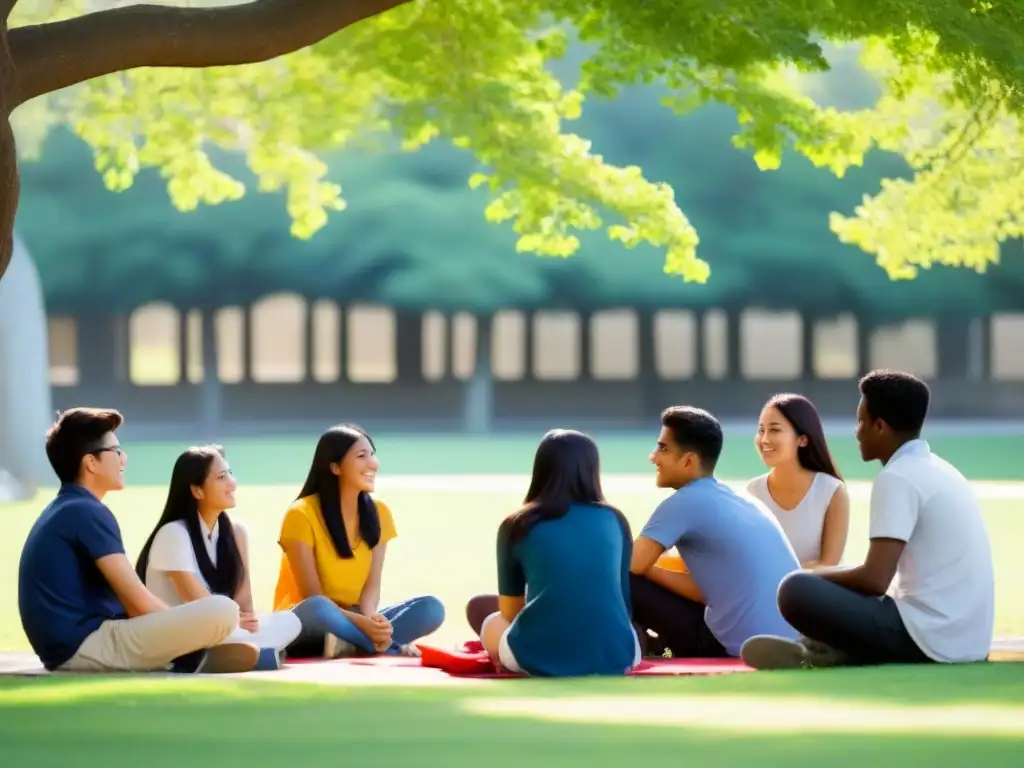 Un círculo de estudiantes diversos en intercambio de idiomas bajo un árbol en un parque, reflejando las ventajas educación bilingüe largo plazo