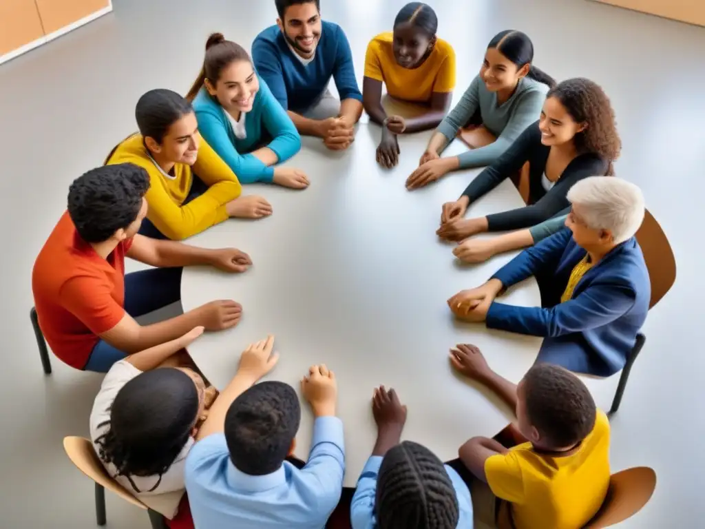 Un círculo de estudiantes diversos de Uruguay y el mundo, colaborando en un aula inclusiva