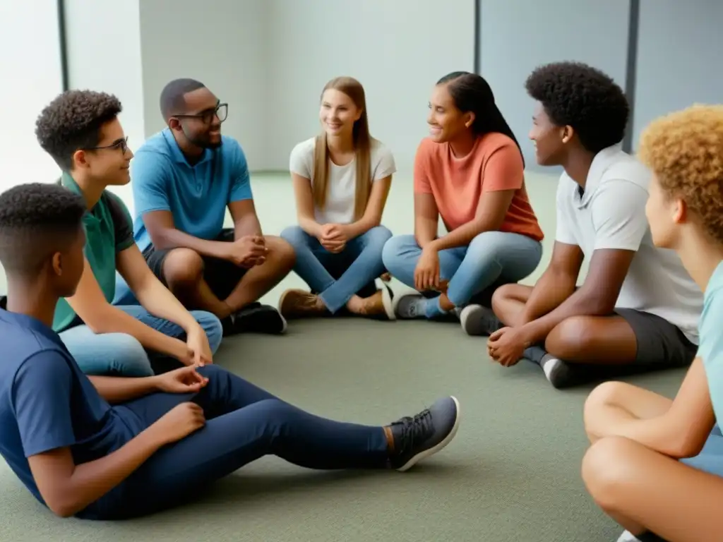 Un círculo de estudiantes diversos en una sesión de consejería escolar, fomentando relaciones saludables en la escuela