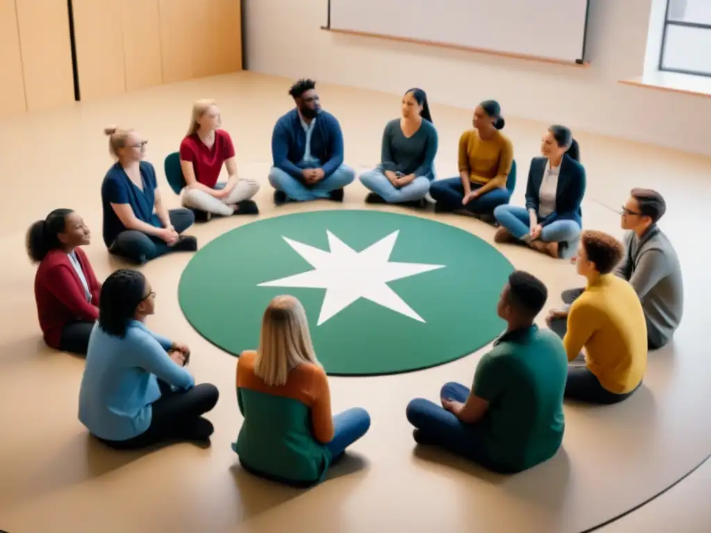 Un círculo de estudiantes diversos en un taller de salud mental en escuela Uruguay, promoviendo apoyo y unidad