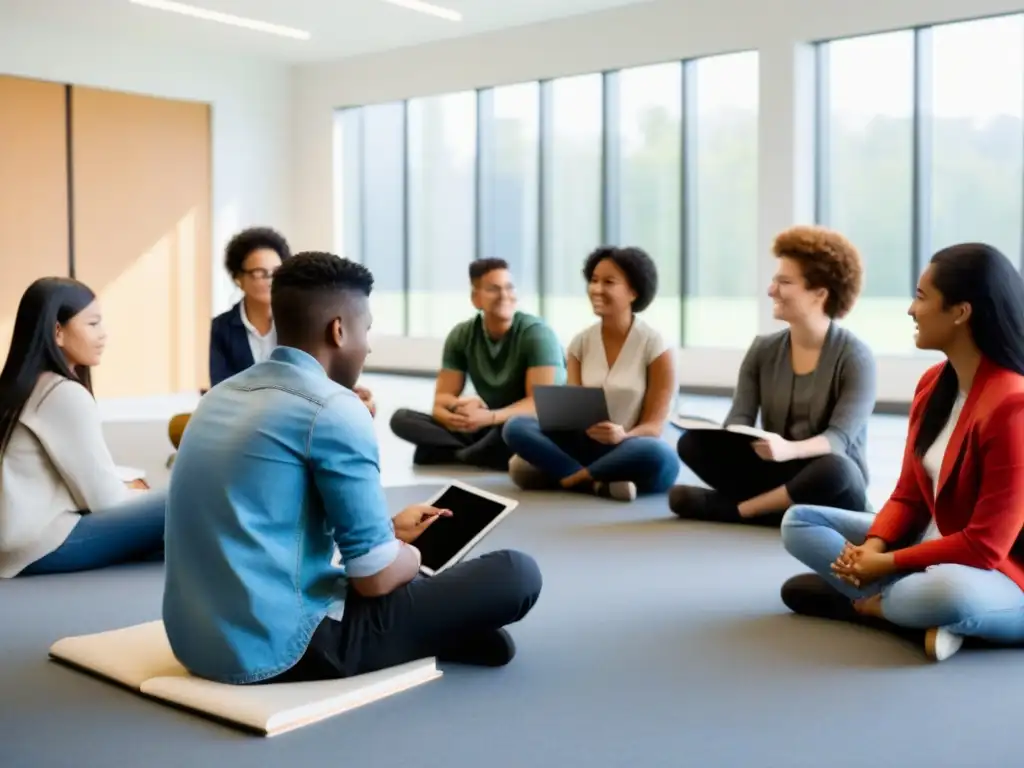 Un círculo de estudiantes diversos intercambiando ideas en un aula luminosa