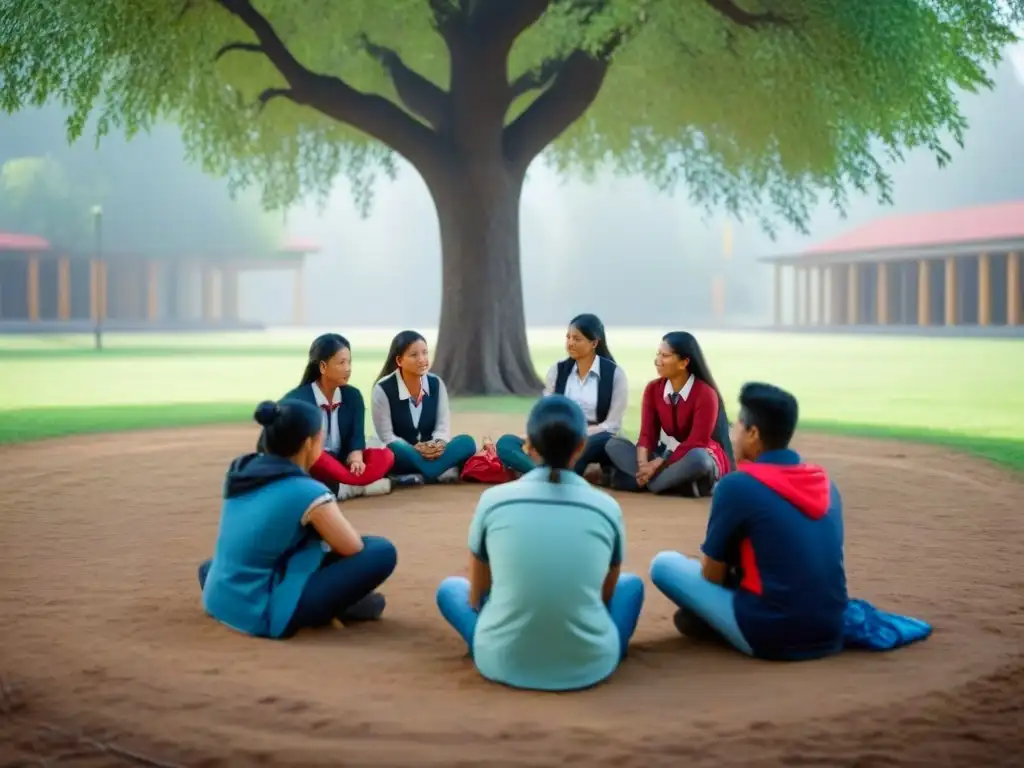 Un círculo de estudiantes indígenas bajo un árbol, dialogando en armonía, simbolizando la permanencia escolar de estudiantes indígenas
