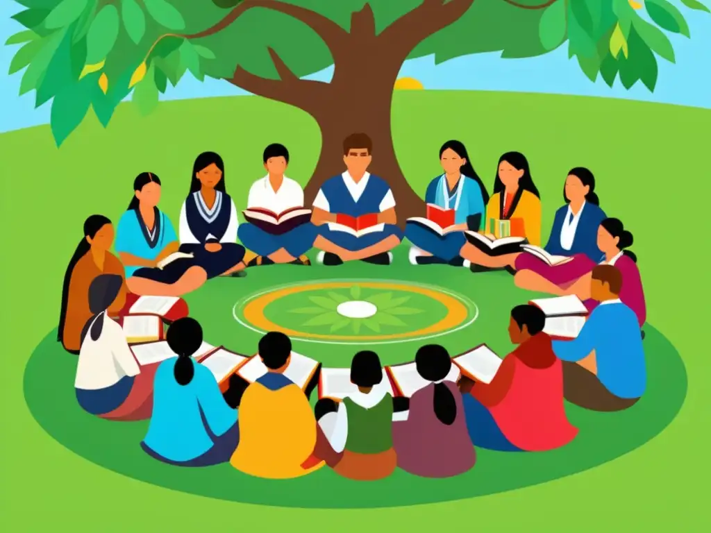 Un círculo de estudiantes indígenas de Uruguay comparte saberes bajo un árbol, promoviendo la educación inclusiva y perspectivas indígenas
