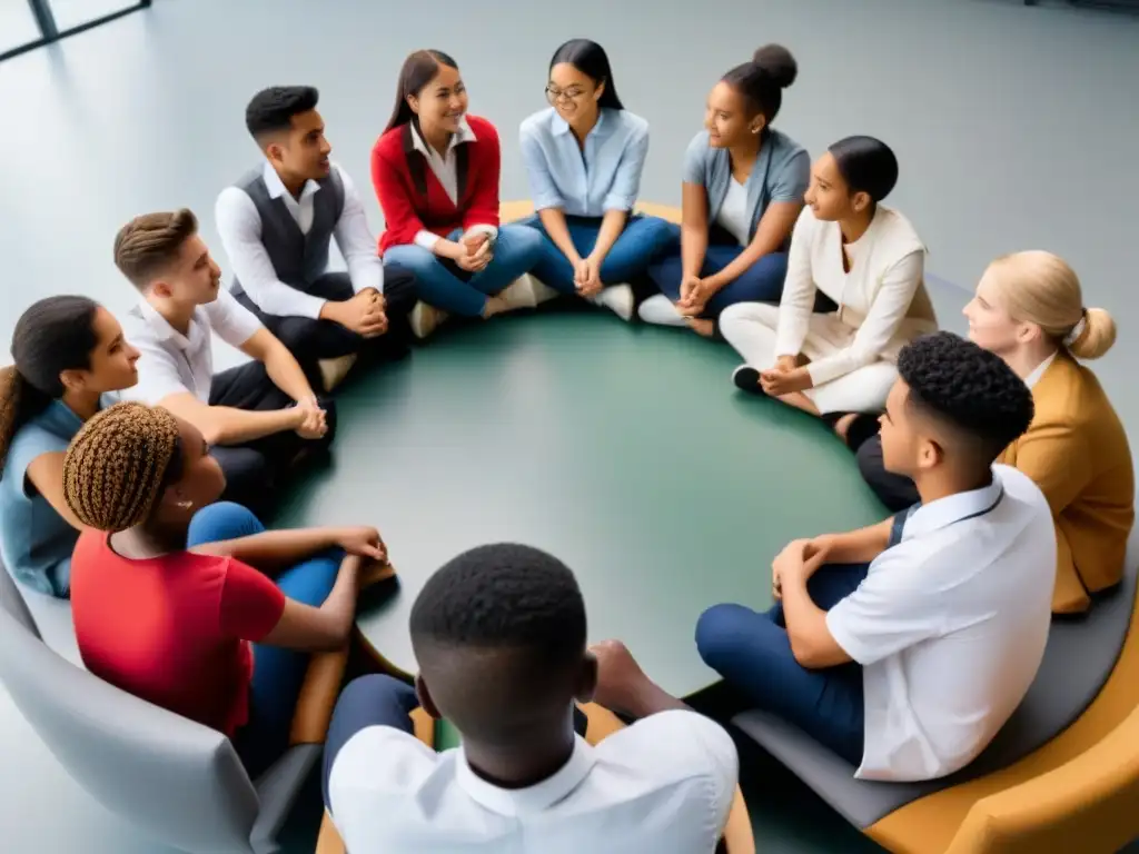 Intensa conversación: jóvenes estudiantes debaten opciones profesionales en círculo multicutural Un círculo de estudiantes diversos intercambia culturas y sueños de futuro en una intensa orientación vocacional medios cultura