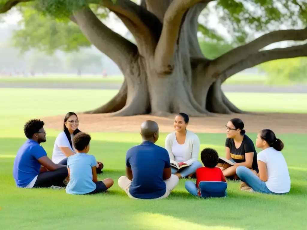 Un círculo de estudiantes diversos disfruta juntos bajo un árbol