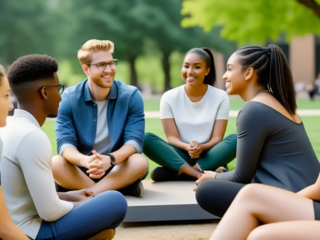 Un círculo de estudiantes y mentor en campus universitario, demostrando mentoría para estudiantes en inclusión