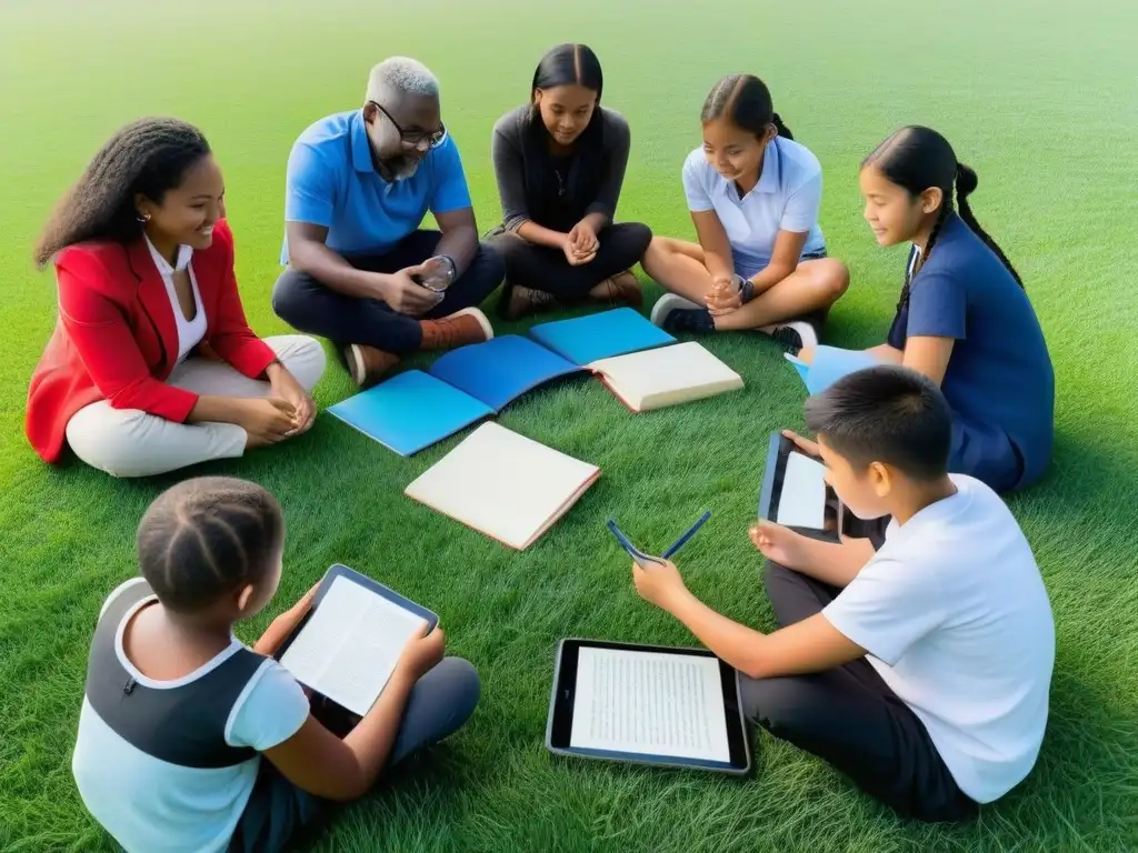 Un círculo de estudiantes diversos disfrutando de distintos métodos de aprendizaje en un campo verde