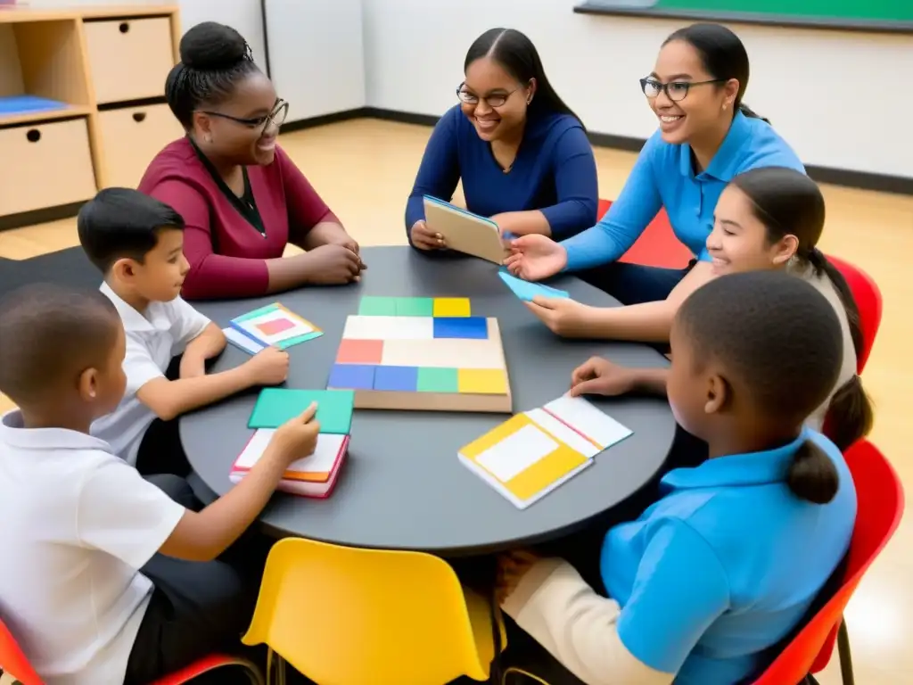 Un círculo de estudiantes con necesidades especiales aprendiendo idiomas entre libros y tecnología en aula inclusiva