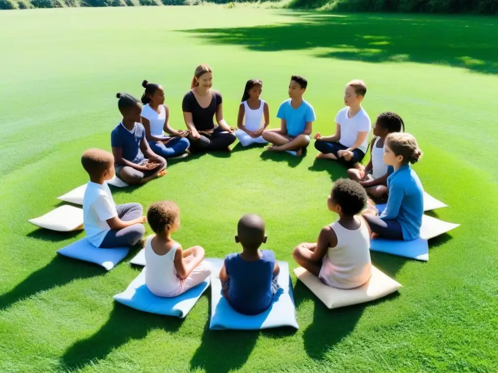 Un círculo de niños diversos practicando actividades de salud mental en una pradera