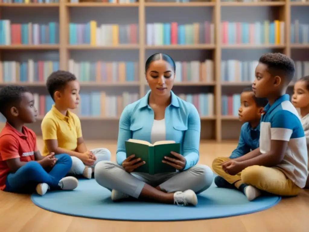 Un círculo de niños diversos escucha con atención una historia en un aula acogedora llena de libros coloridos