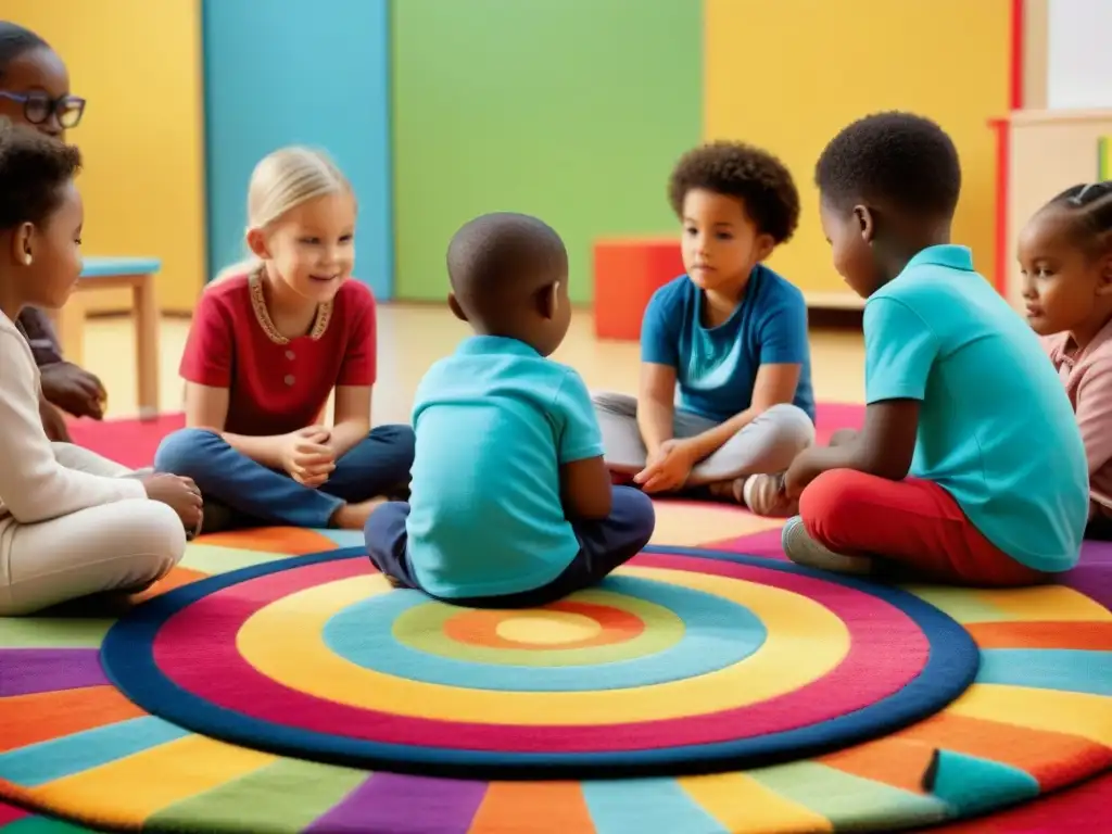 Un círculo de niños en un aula luminosa, concentrados en tabletas con plataformas educativas de programación