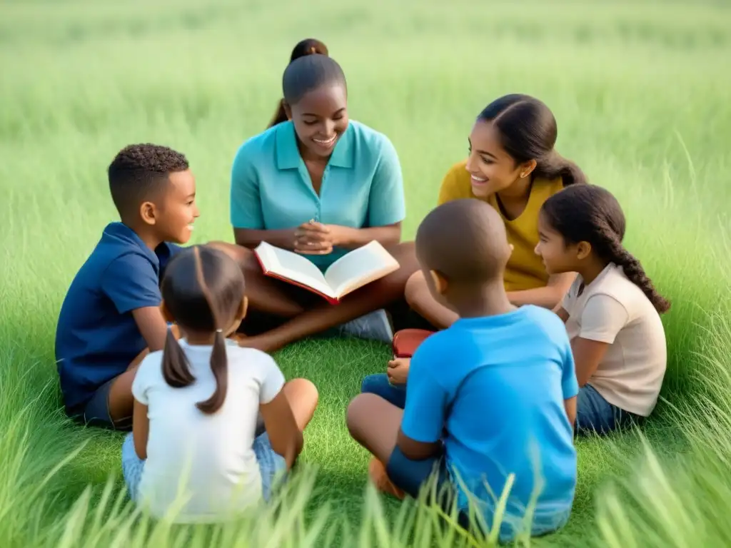 Un círculo de niños diversos compartiendo y aprendiendo en un campo de césped verde intenso, transmitiendo inclusión y educación de género en Uruguay