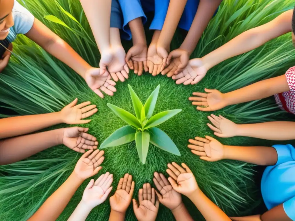 Un círculo de niños de distintas culturas en un campo verde, sosteniendo plantas