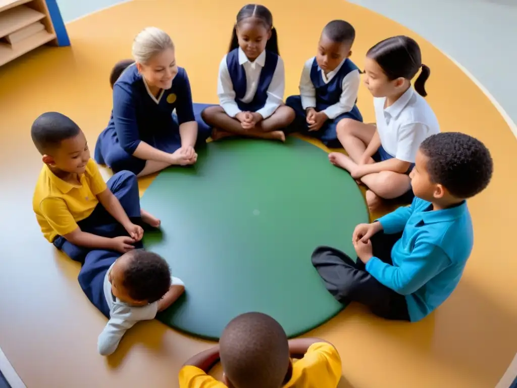 Un círculo de niños diversos en actividad educativa colaborativa, con ambiente cálido y inclusivo