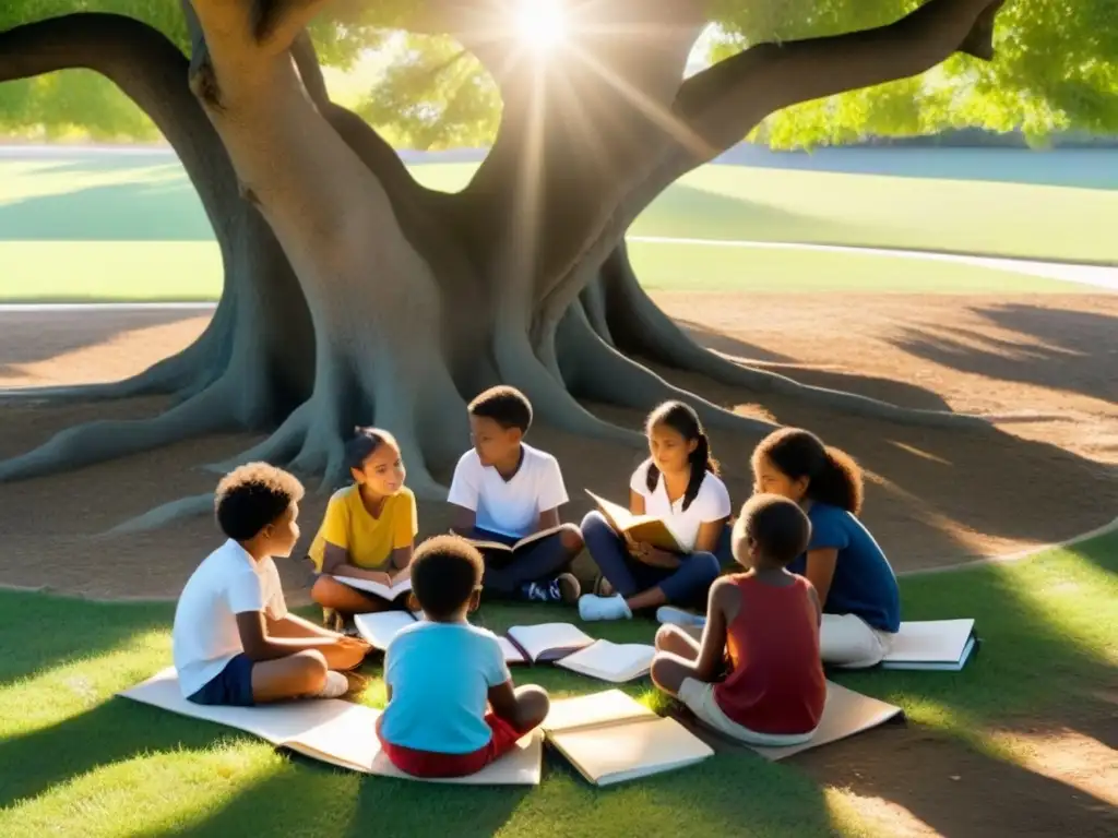 Un círculo de niños diversos bajo un árbol, discutiendo y estudiando juntos