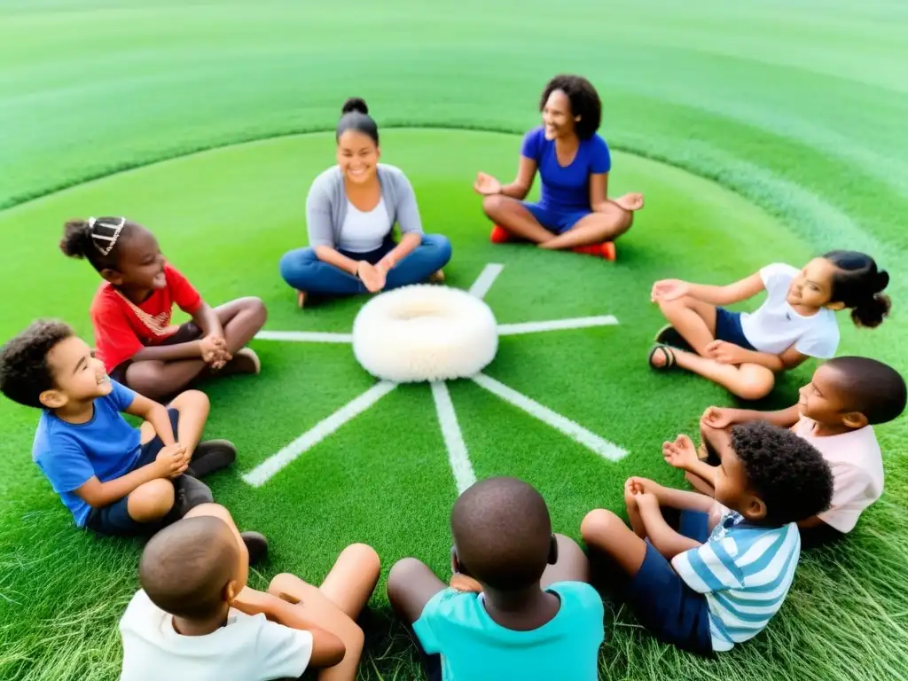 Un círculo de niños diversos en un campo de hierba, disfrutando juegos educativos al aire libre