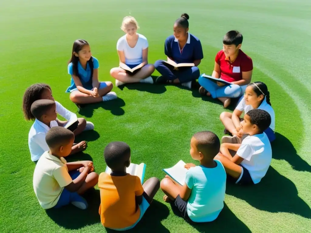 Un círculo de niños diversos en un campo, unidos por la educación