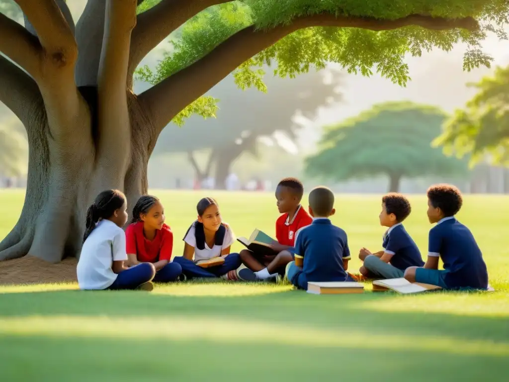 Un círculo de niños de diversas etnias y habilidades, bajo un árbol, discuten rodeados de libros y materiales educativos