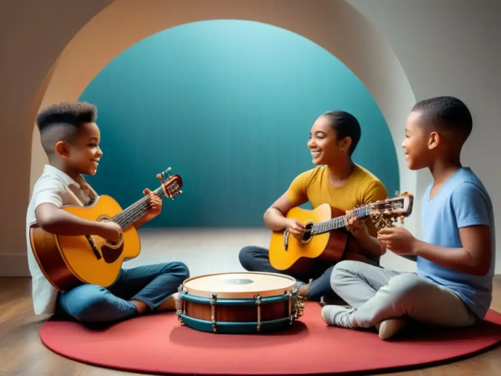 Un círculo de niños de diversas etnias y habilidades tocando instrumentos musicales juntos, expresando alegría y colaboración