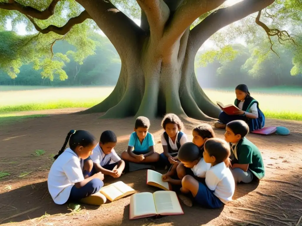 Un círculo de niños indígenas de Uruguay aprendiendo bajo un árbol en la selva, resalta la educación inclusiva