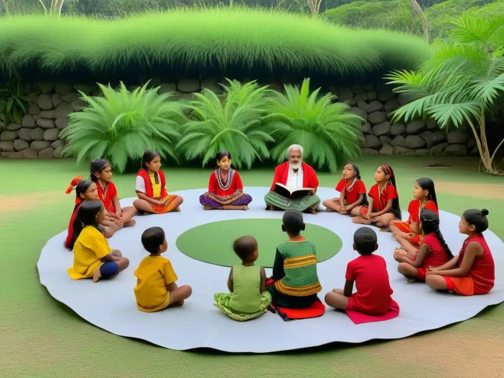 Un círculo de niños indígenas escuchando cuentos de un anciano, rodeados de naturaleza