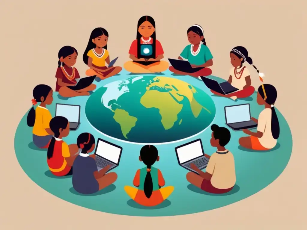 Niños indígenas en aula virtual: tecnología y tradición Un círculo de niños indígenas con tecnología, fusionando lo tradicional con lo moderno en educación inclusiva comunidades indígenas