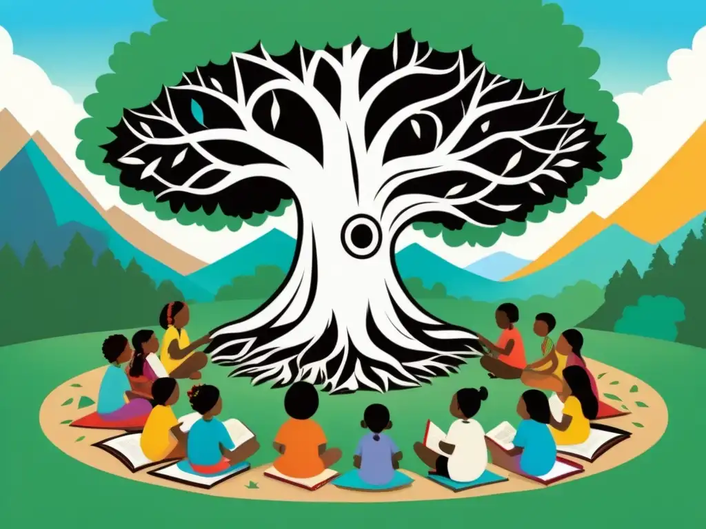 Un círculo de niños indígenas de diversas tribus, unidos bajo un árbol con símbolos educativos, en armonía con la naturaleza