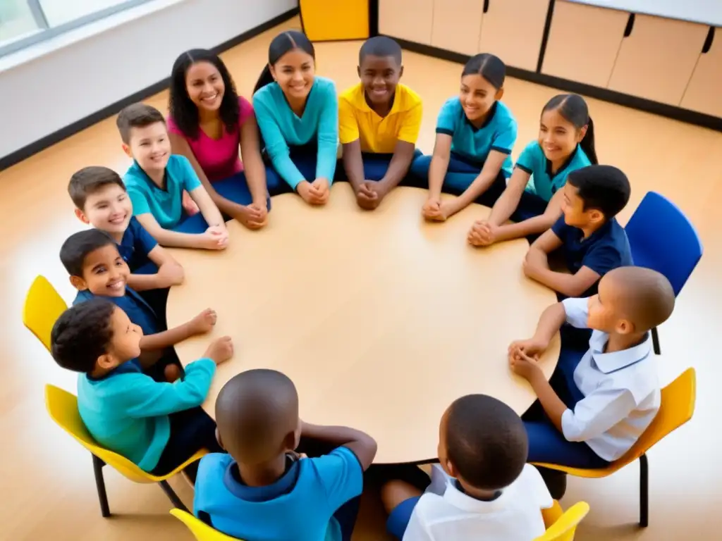 Un círculo de niños diversos aprendiendo juntos en un aula moderna