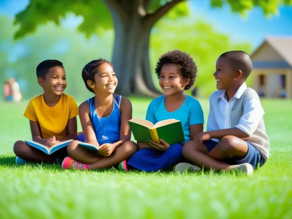 Un círculo de niños diversos sonriendo y leyendo libros en un campo verde, bajo un cielo azul