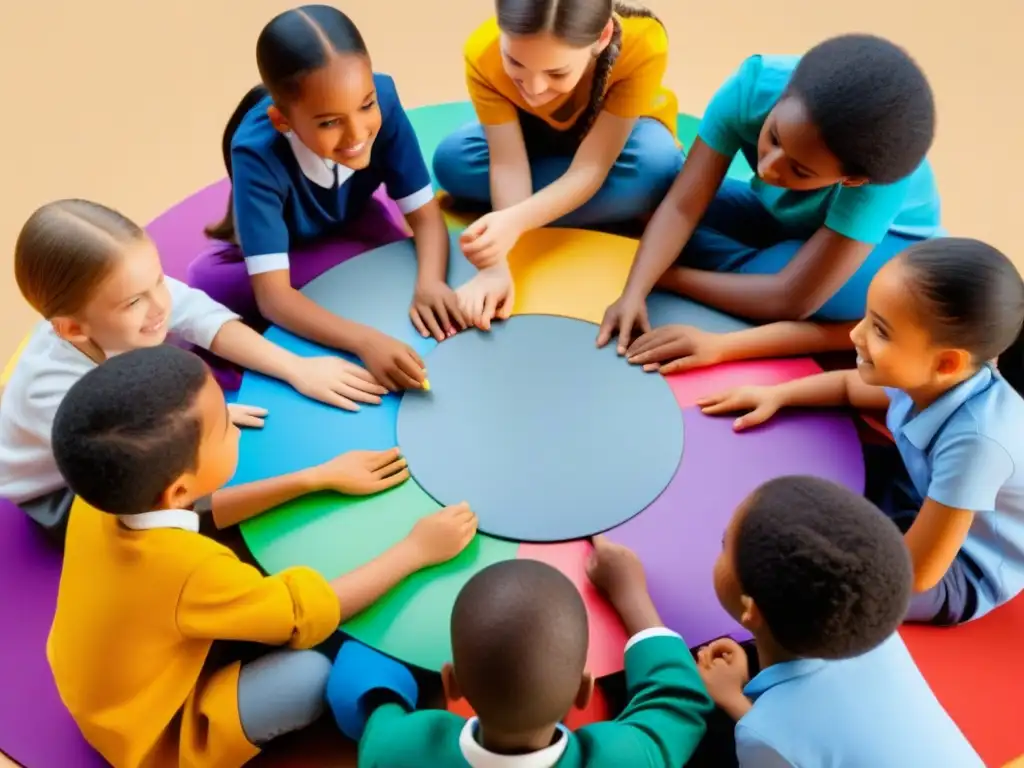 Un círculo de niños diversos debatiendo con materiales educativos, reflejando la unidad y aprendizaje