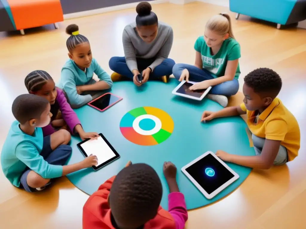 Inmersos en la programación: Aprender juntos en un aula futurista Un círculo de niños diversos programa en tablets en aula futurista con carteles inspiradores