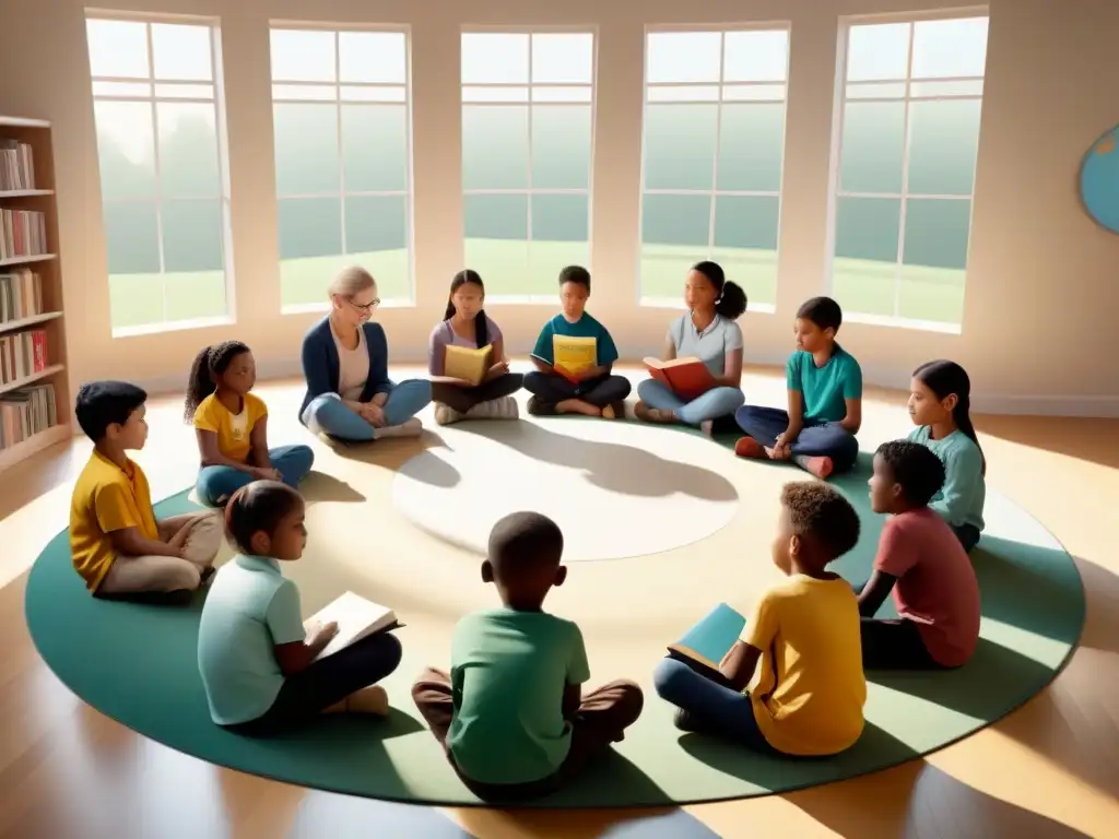 Un círculo de niños diversos rodeados de libros, en aula luminosa y tranquila