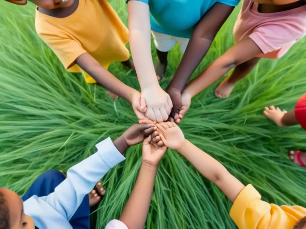 Un círculo de niños diversos sonriendo y tomados de la mano en un campo verde brillante bajo un cielo azul claro, reflejando la armonía y la inclusión