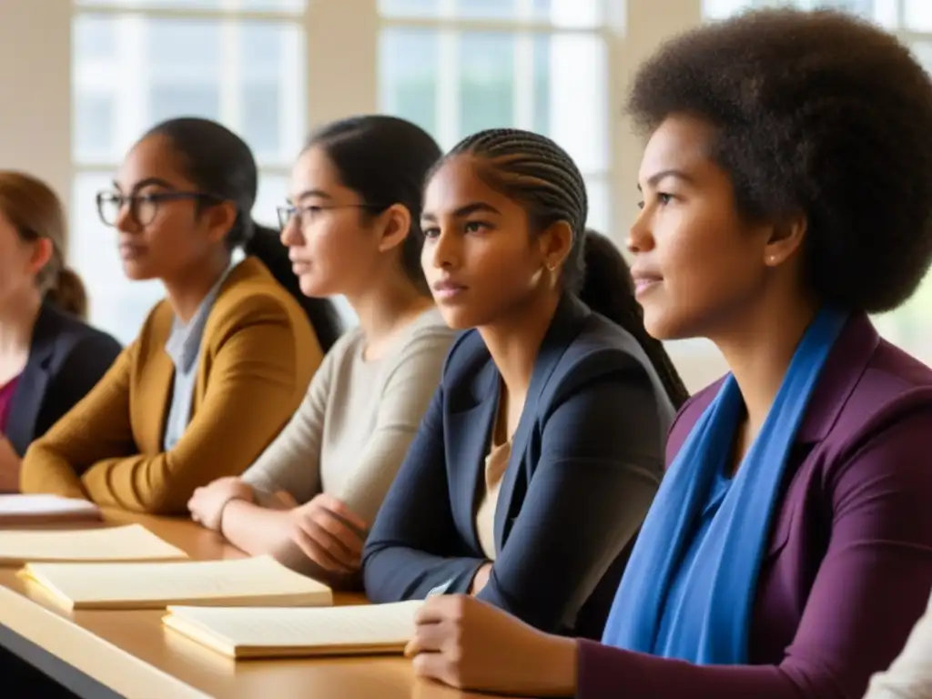 Formación ciudadanos conscientes en Uruguay: Estudiantes diversos debaten sobre igualdad de género y derechos humanos en aula luminosa