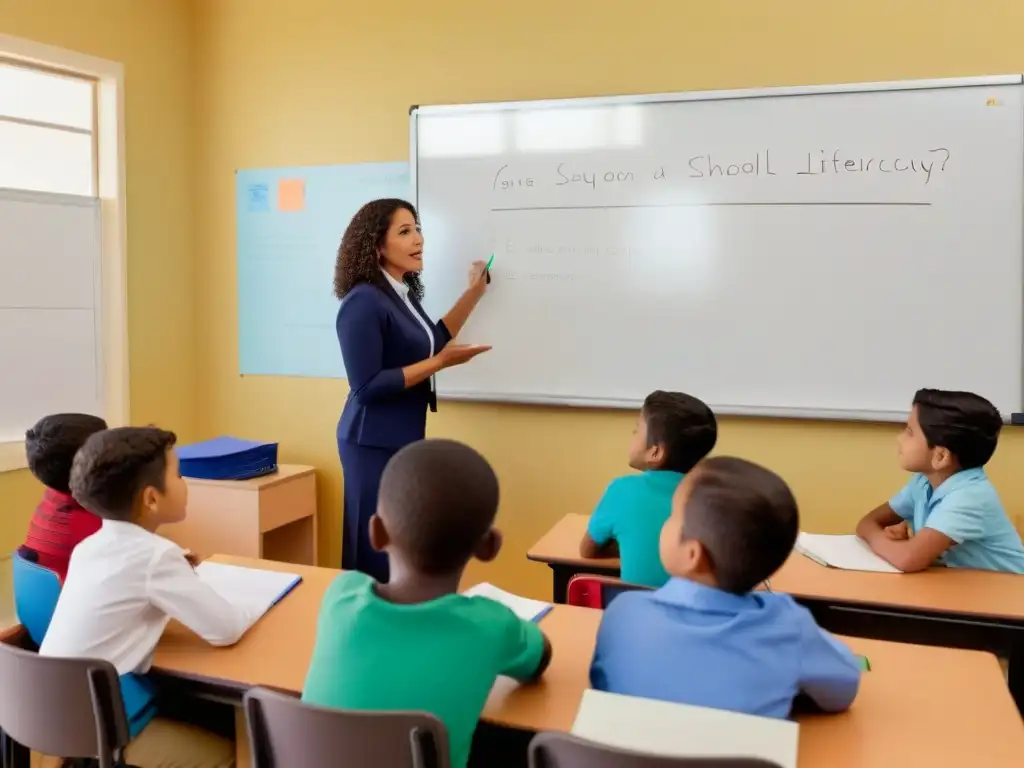 Una clase de educación financiera escolar en Uruguay: profesor hispano explica a alumnos diversos en un aula minimalista