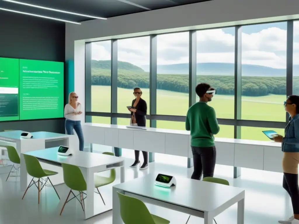 Clase futurista con estudiantes usando lentes de realidad aumentada, interactuando con hologramas educativos