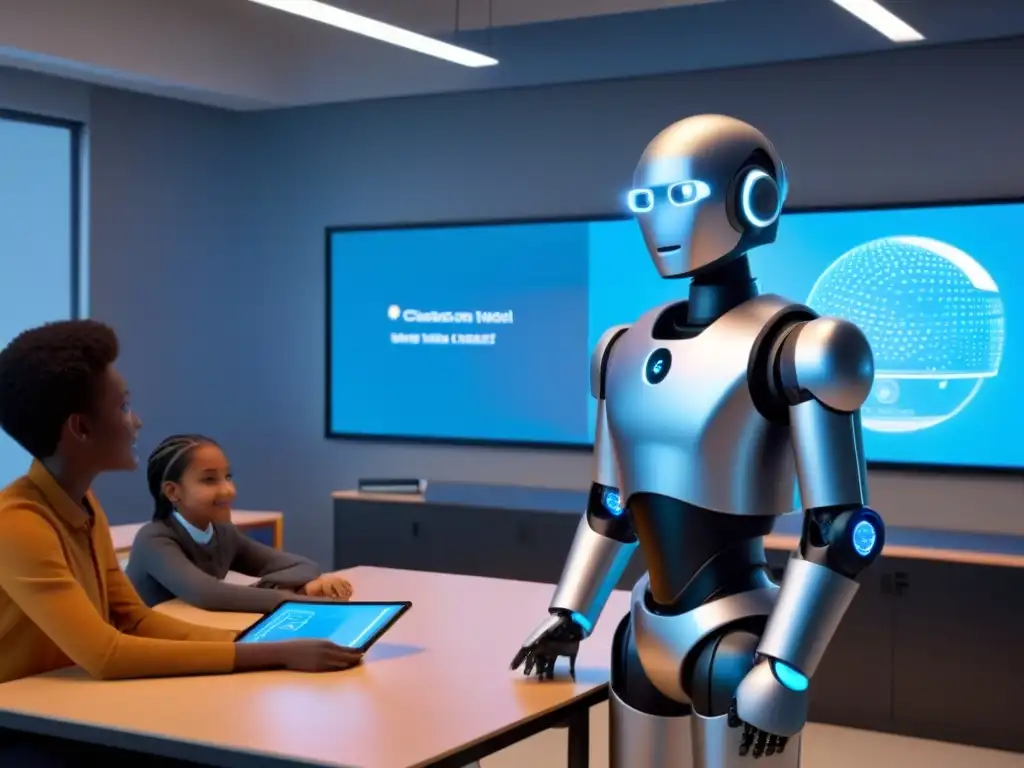 Clase futurista con robot maestro y estudiantes diversos, integrando Inteligencia Artificial en educación en Uruguay