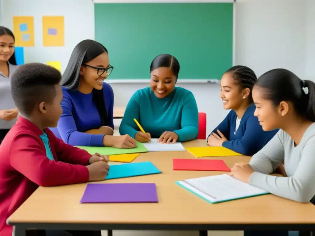 Una clase de idiomas inclusiva para necesidades especiales, estudiantes enfocados en tareas individuales con material educativo colorido