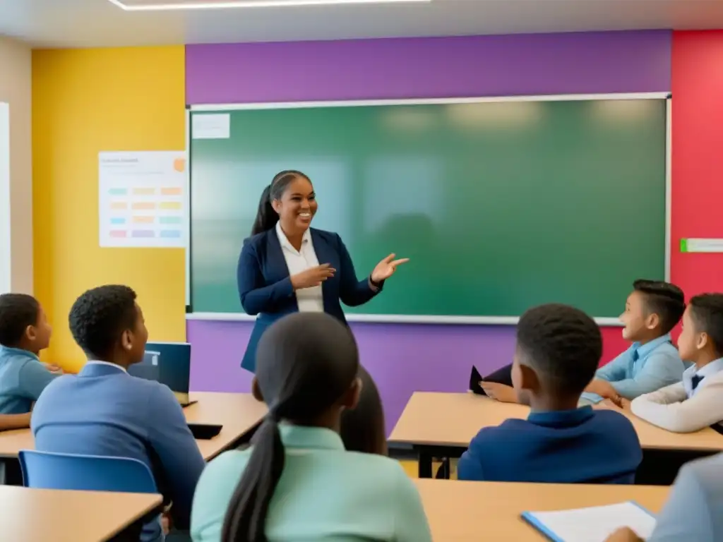 Una clase de inglés inclusiva y moderna en Uruguay, con alumnos diversos y un profesor sonriente