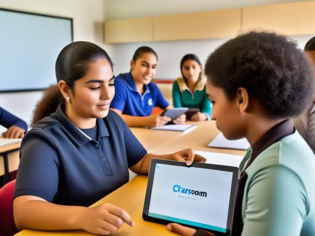 Una clase moderna en Uruguay con alumnos usando herramientas digitales para la educación comunitaria