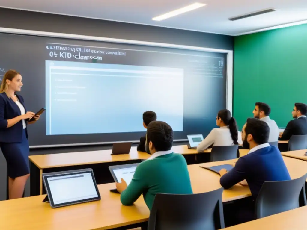 Clase moderna en Uruguay: enseñanza híbrida con tecnología educadores, pizarrón interactivo, estudiantes y laptops
