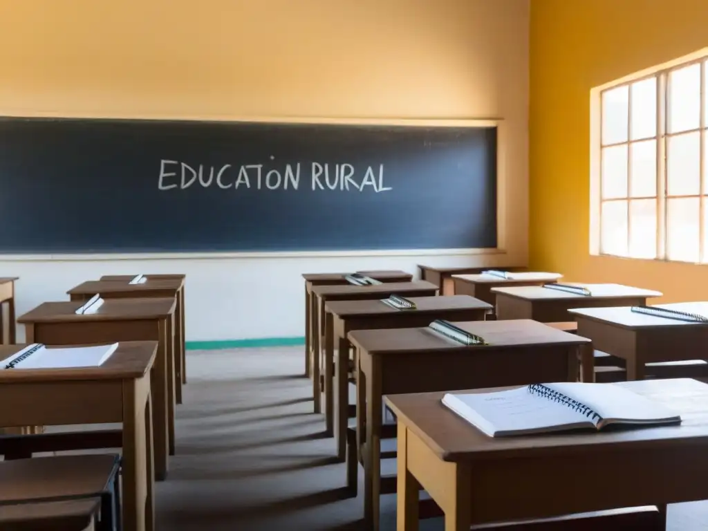 Clase rural en Uruguay con escritorios vacíos y cuadernos, proyectando calma y potencial educativo