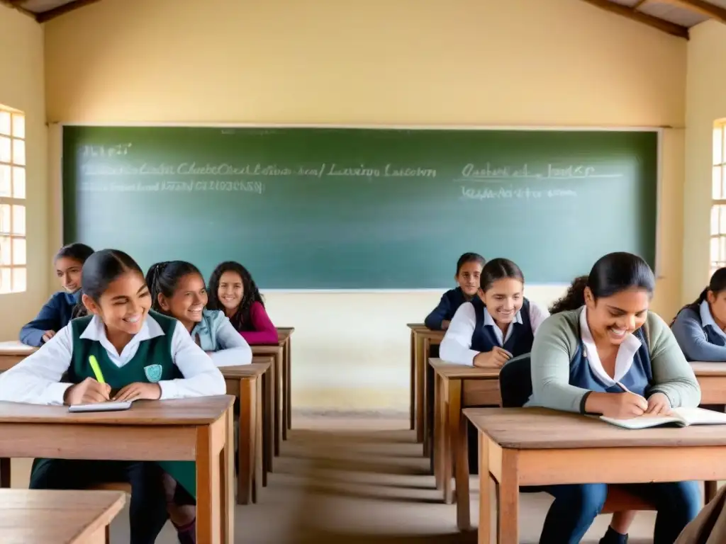 Una clase rural en Uruguay con herramientas digitales educativas, alumnos diversos y una atmósfera innovadora y serena