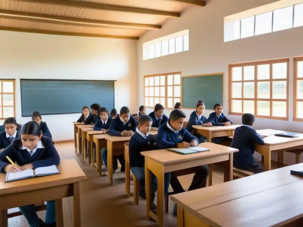 'Clase rural en Uruguay: enseñanza innovadora con estudiantes colaborando en proyecto educativo moderno'